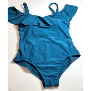 Time Tru 1 Pc Bathing Suit Swimwear 1X 16W 18W Teal Ruffle Removeable Strap